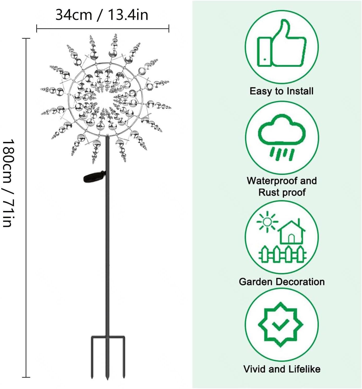 Solar Magic Windmill, Garden Wind Mill 3D Wind Powered, 13.4 x 71in Kinetic Wind Spinners,Gold