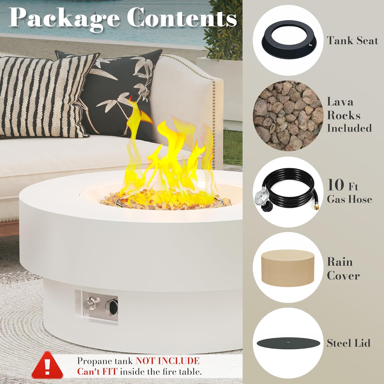 32.5 Inch Propane Fire Pit Table, 50,000 BTU Round Patio Fire Pit Table Outdoor, CSA Certified, Stainless Burner with Steel Lid, Waterproof Cover & Lava Rocks, for Backyard Garden, White