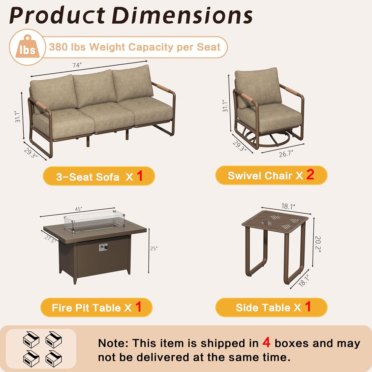 Outdoor Aluminum Patio Furniture Set, 5-Seats Patio Conversation Sofa Set with 2 Swivel Rocking Chairs and Oversized Fire Pit Table w/Glass Wind Guard, All Weather for Balcony, Garden-Brown