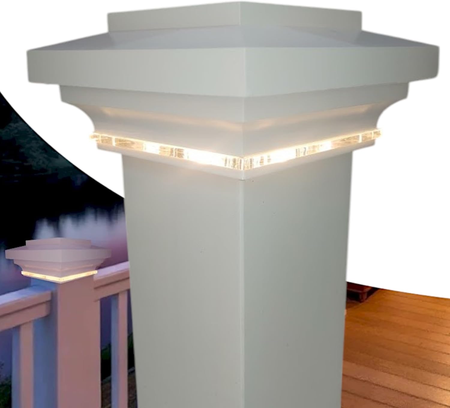 DekLights® LED Post Cap Light Module for Timbertech/Azek Railing Posts. Our Glass Edge Style Module to use with Your existing Cap. Installs Between Your Cap and Post.