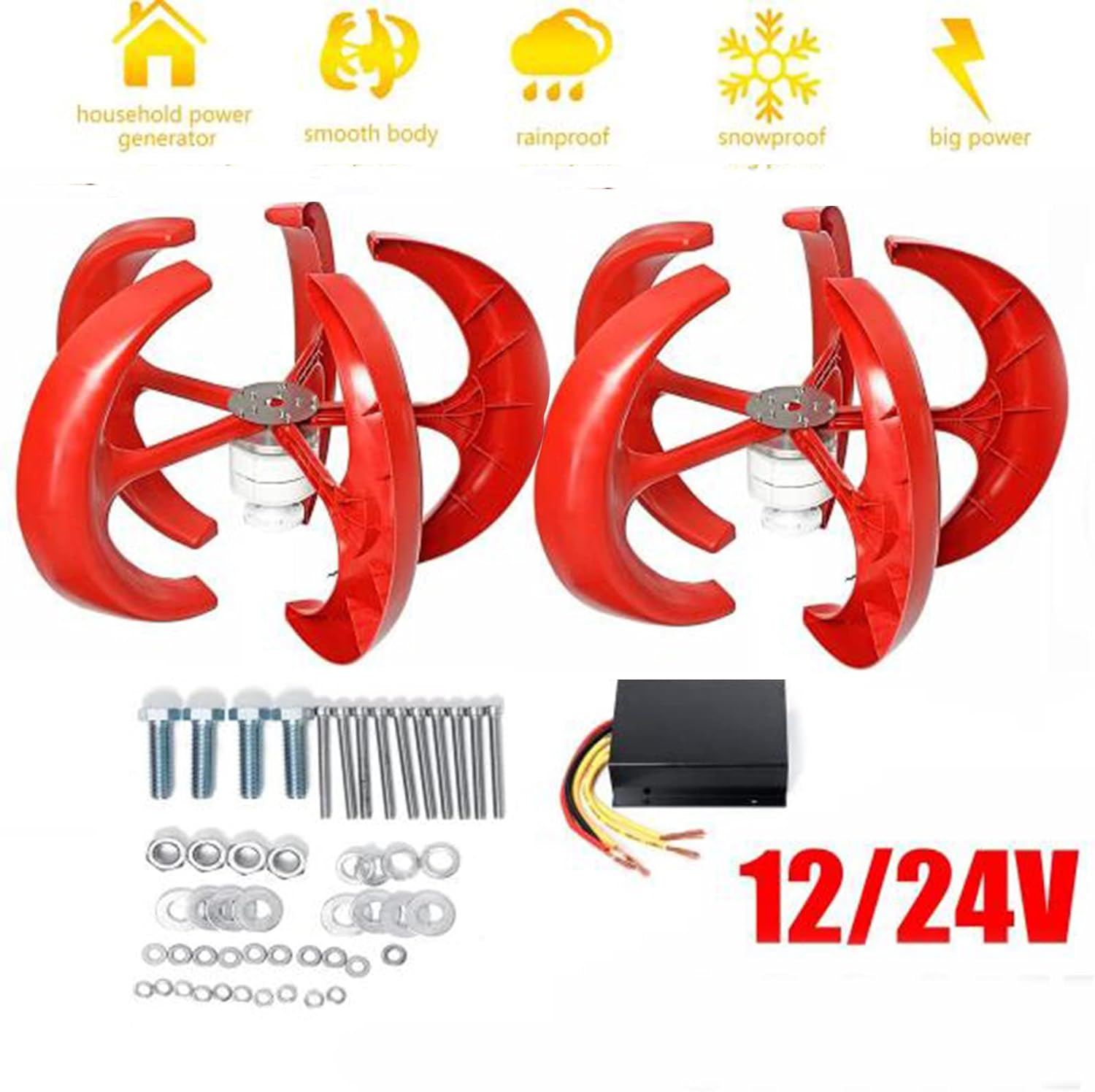 12000W Wind Turbine Generator, 12V-220V Vertical Axis Windmill Portable Wind Power Turbine Generator Kit with Charge Controller(Red)