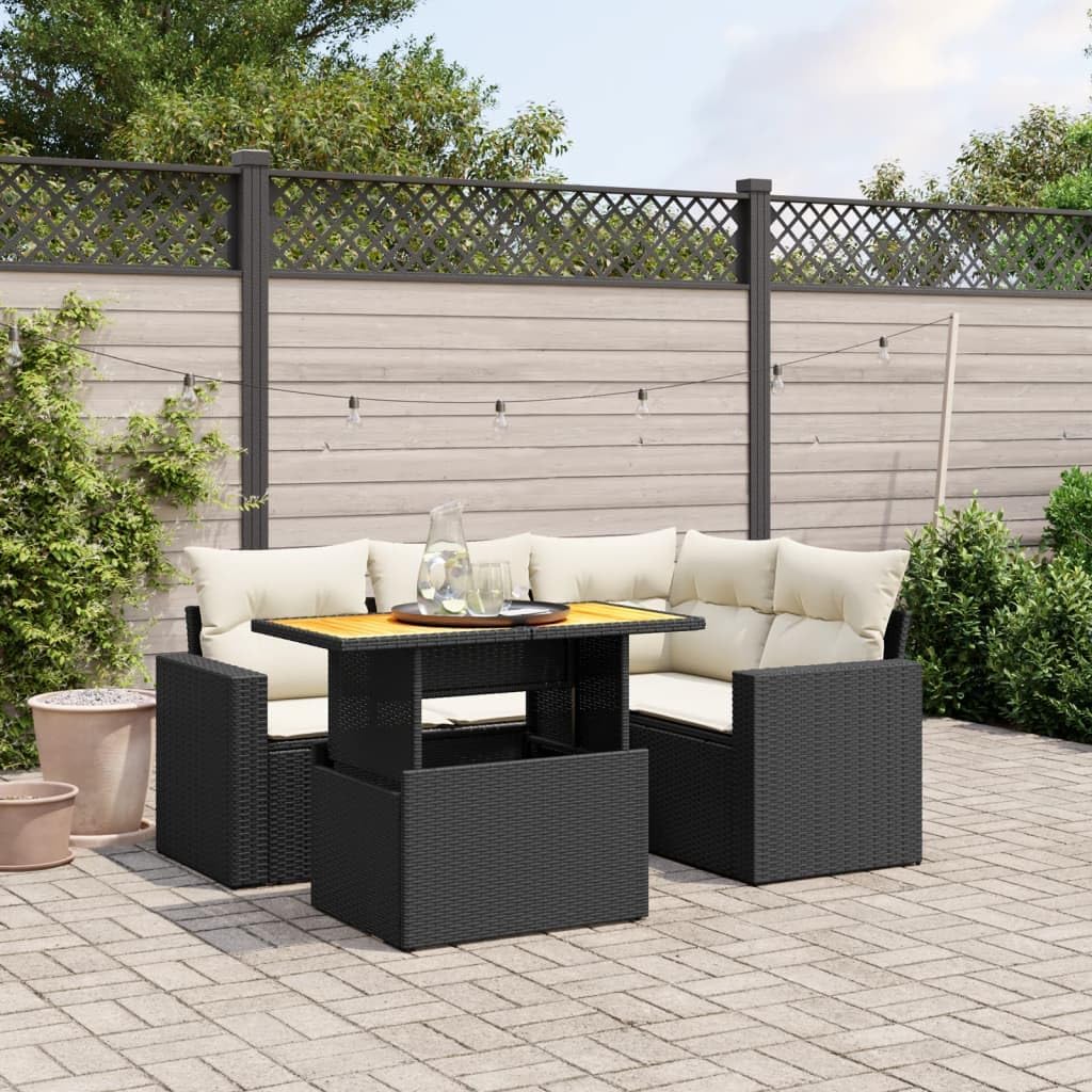 Garden Sofa Set Black PE Rattan, 5 Piece Modular Outdoor Patio Furniture with Adjustable Feet, UV-Resistant for Terrace