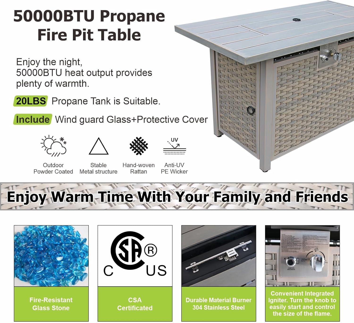 Patio Furniture Set 9Pcs Outdoor Furniture Sectional Couch Fire Pit Table Balcony Furniture Patio Table and Chairs Set with Propane Firepit (Black Wicker, 9pcs /Rectangular Fire Pit)