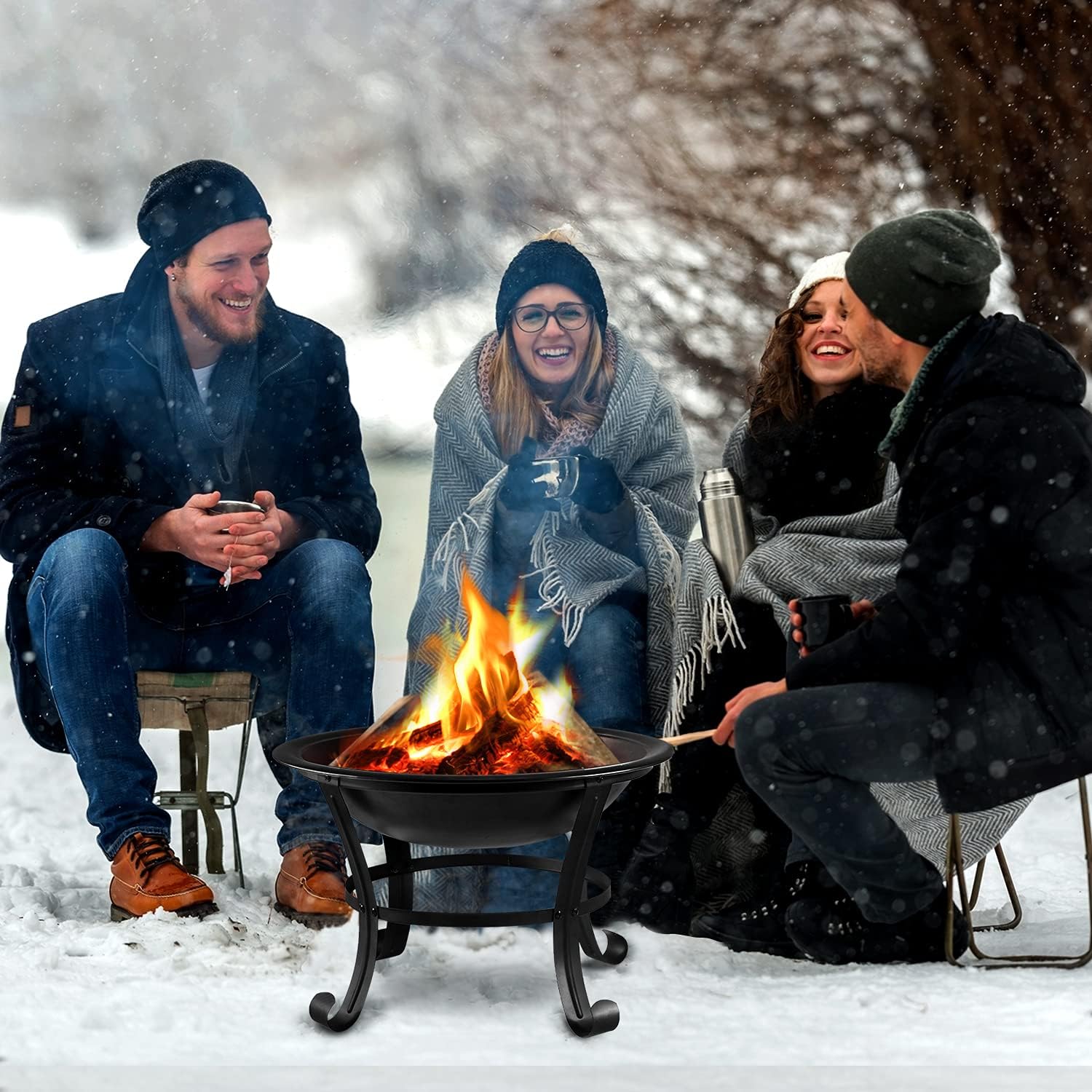 Outdoor Fire Pits, 22'' Portable Bonfire FirePits for Outside Wood Burning with Spark Screen and Fireplace Poker for Backyard Garden Patio Bonfire Heating, Camping and BBQ, Black