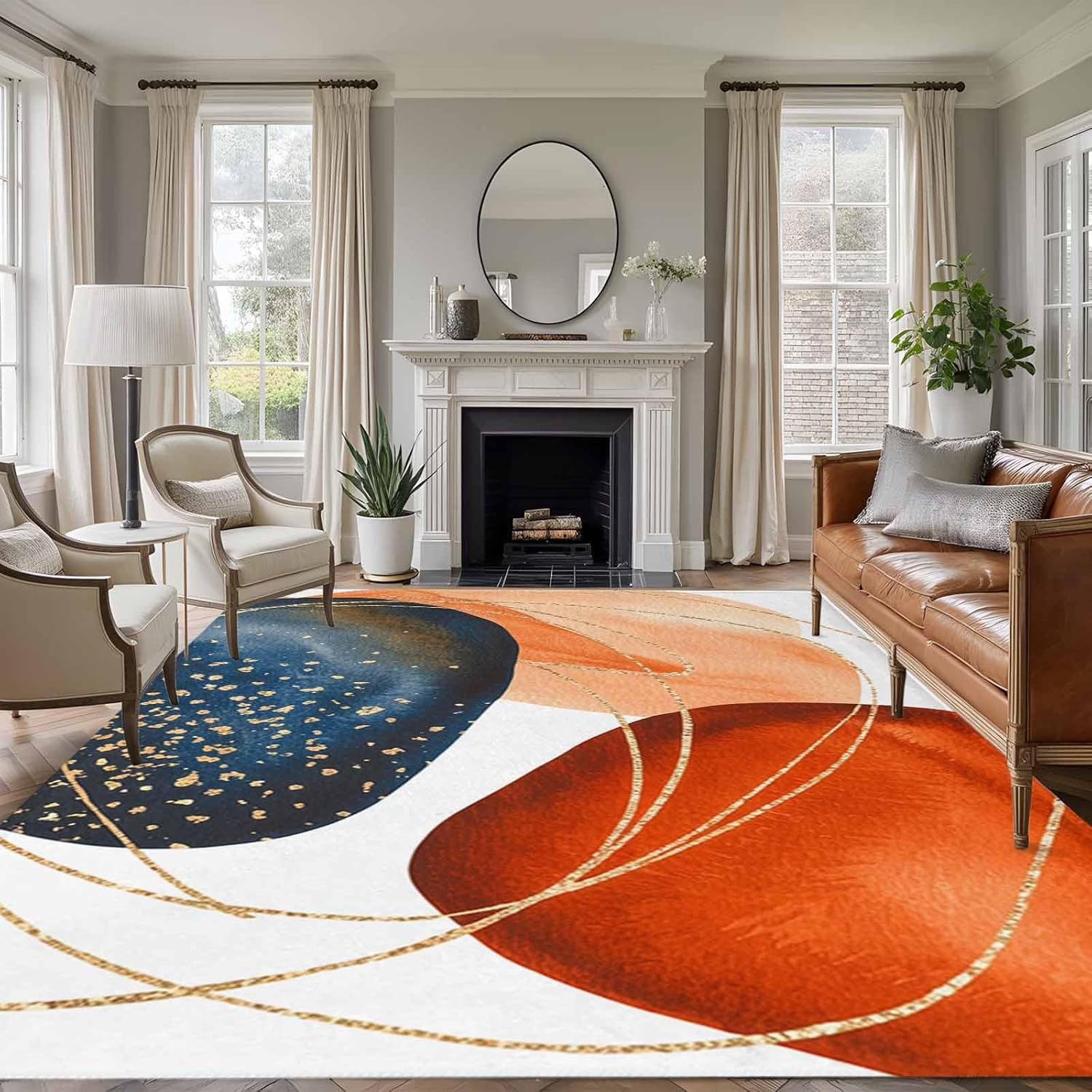 Large Area Rug 8'x10',Boho Geometric Non-Slip Runner Carpet for Living Room/Bedroom,Orange Blue Abstract Patterned Gold Stripes Outdoor Indoor Rectangle Area Rug Floor Mat for Kitchen/Dining Room