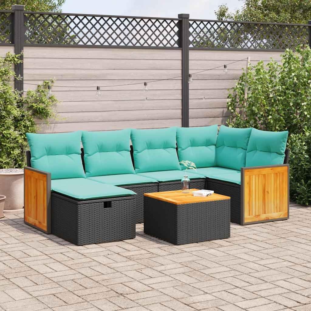 7 Piece Patio Sofa Set with Cushions, Black Poly Rattan Outdoor Furniture, Weatherproof Garden Conversation Seating with Storage, UV-Proof
