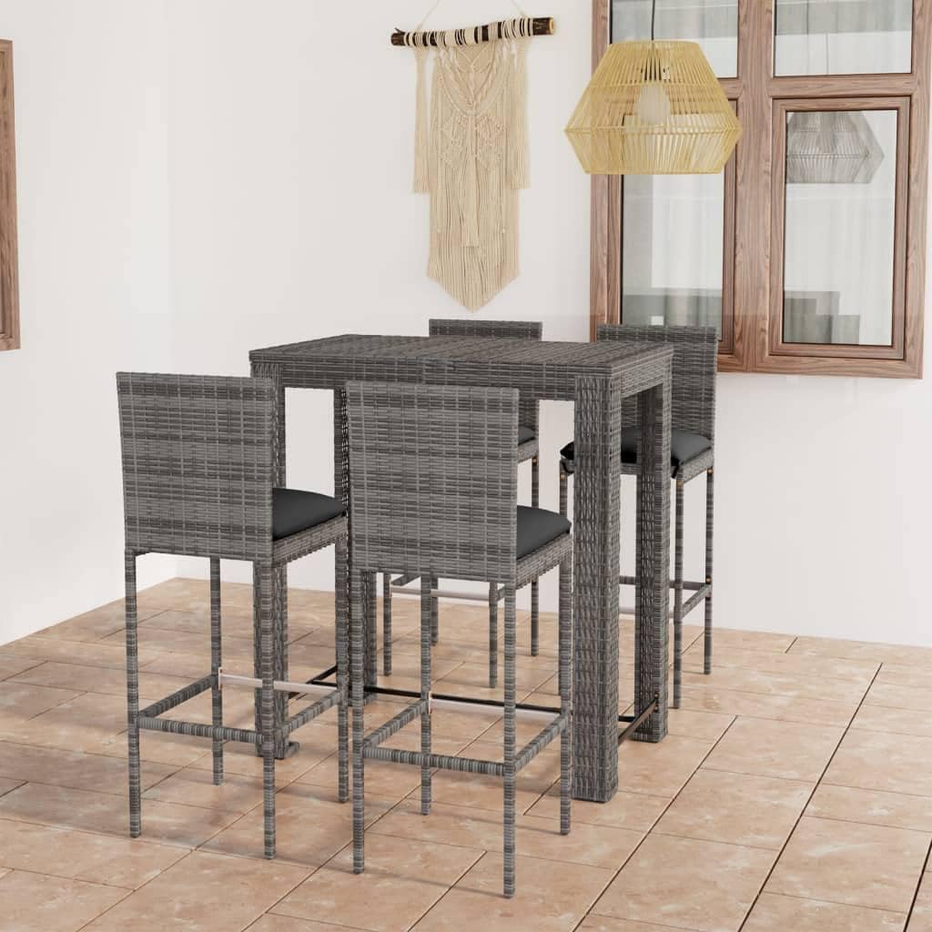 Patio Set 5 Piece Patio Bar Set with Cushions Poly Rattan Gray