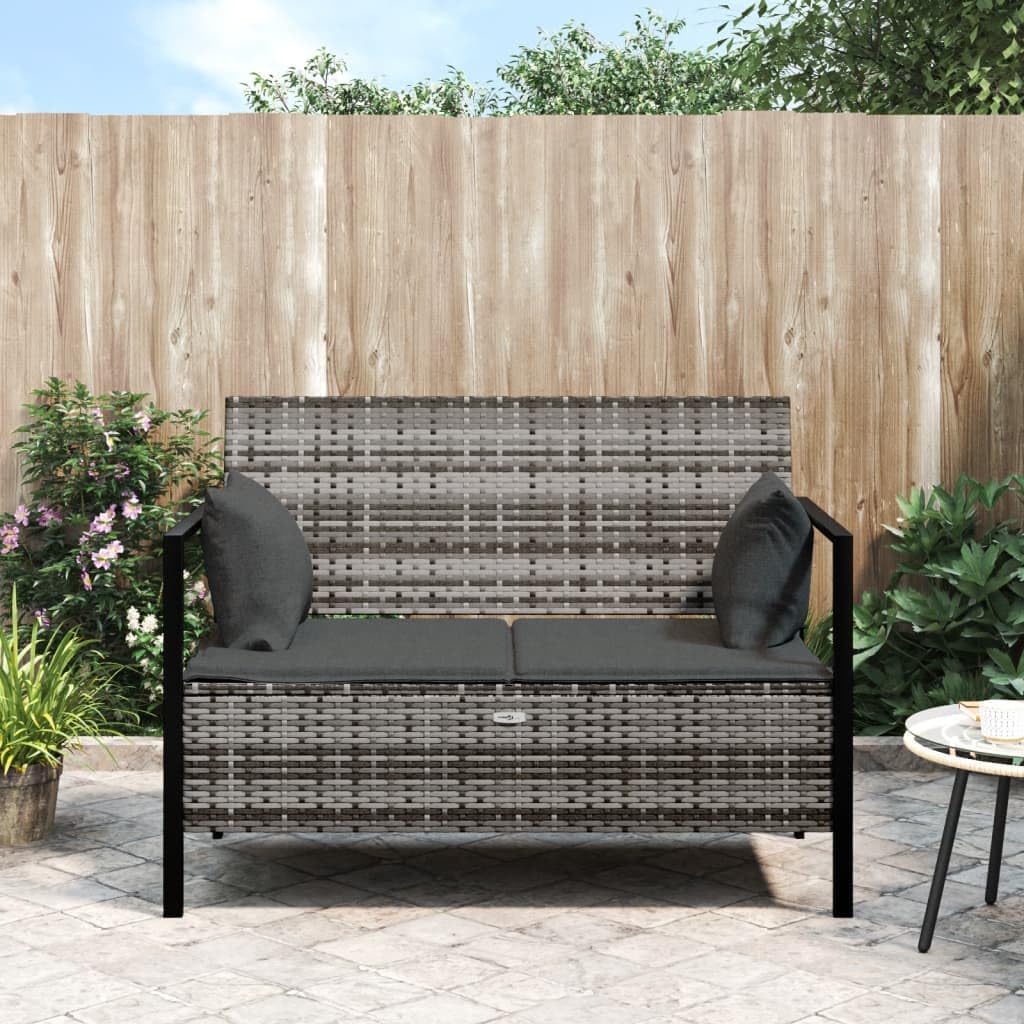 Patio Benches 2-Seater Patio Bench with Cushions Gray Poly Rattan,Relaxing Outdoor Comfort: 2Seater Rattan Storage Bench with Cushions Outdoor Furniture & Accessories