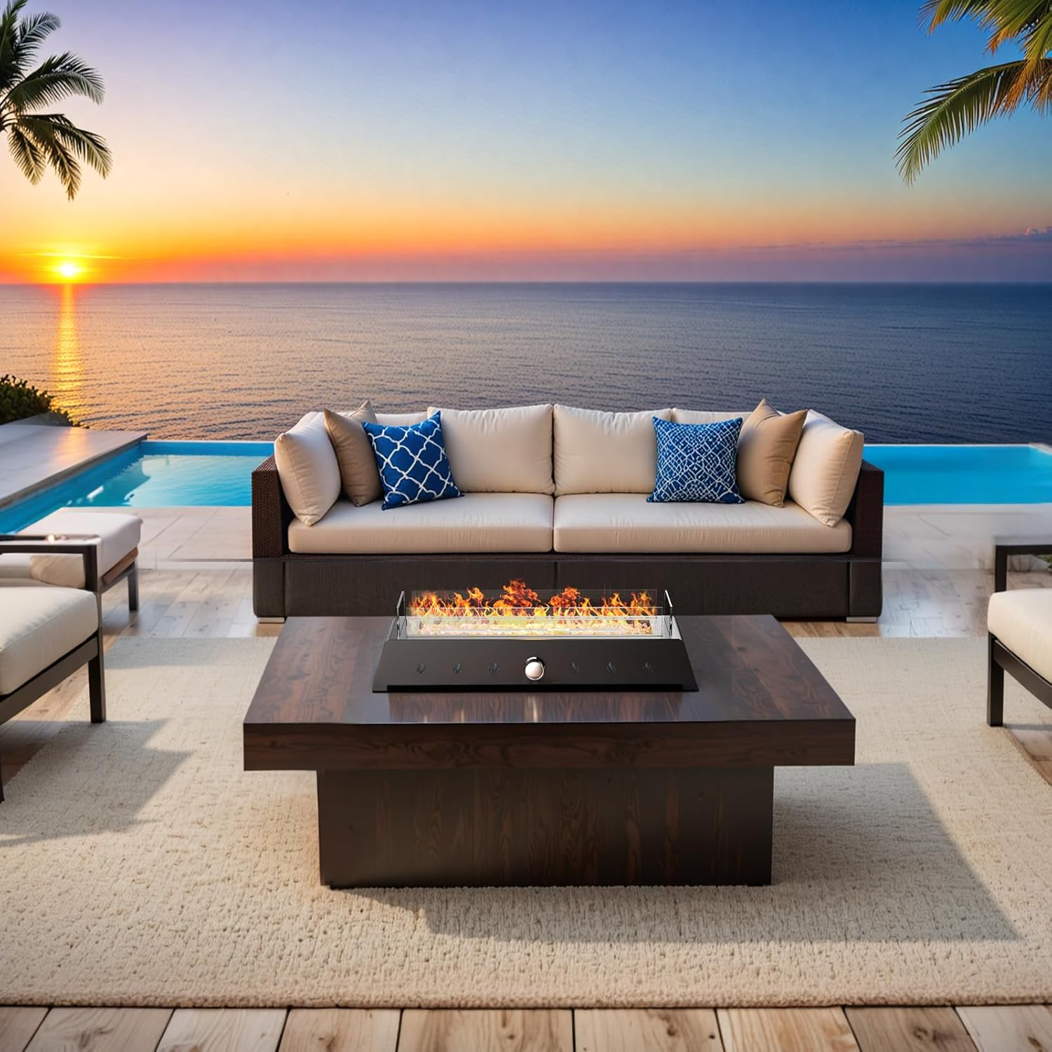 28'' Tabletop Fire Pit Table, 40,000 BTU Propane Fire Pit with Bottom Air Intake and Umbrella Hole, Outdoor Portable Fireplace Rectangular Fire Bowl w/Wind Glass Shield, Laval Rocks - Black