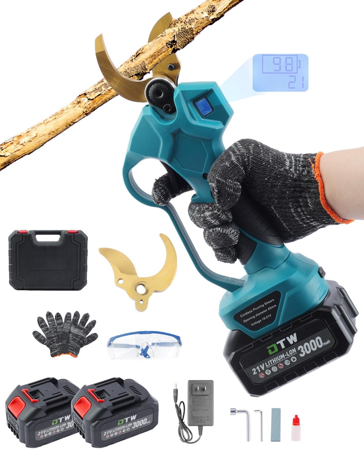 Cordless Electric Pruning Shears for Gardening, 1.6 Inch Cutting Diameter, Heavy Duty Branch Pruner for Tree Trimming, with 2 Pack 3000mAh Batteries, SK5 Replacement Blades and Charger