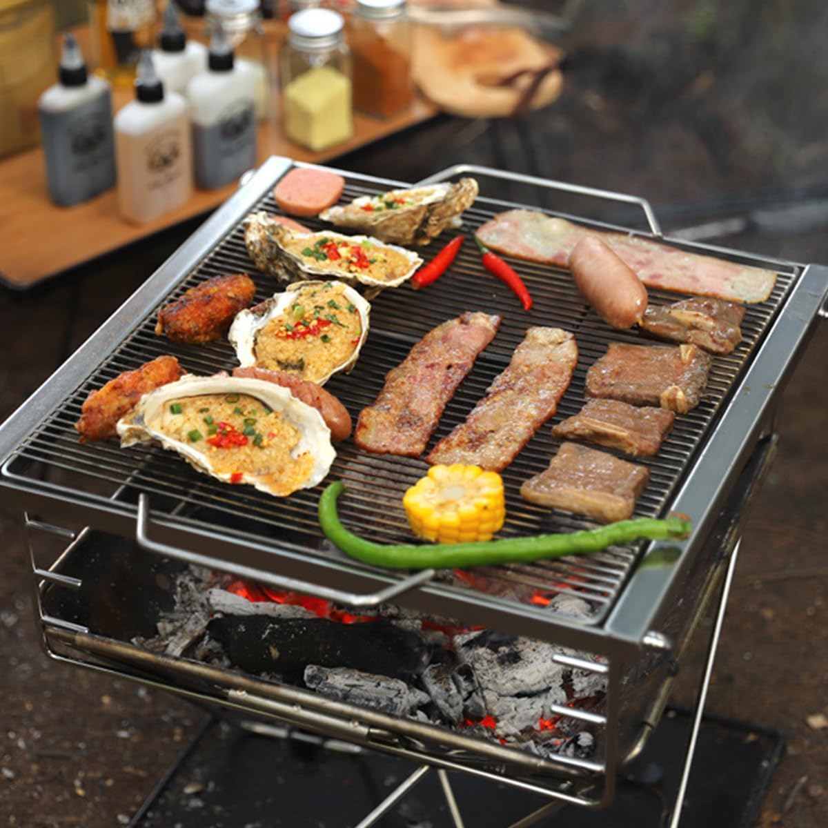 Portable Stainless Steel Outdoor Grill for Wood Burning Folding Fire Pit Camping Heater Charcoal Grill Bonfire Pit for Outdoor Use, Large Size: 15.75X15.75X14.17-inch