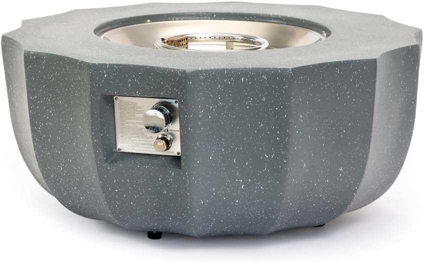 36 Inch Round Propane Fire Pit Table with Concrete Base for Patio, Backyard, Garden - Gray Finish with Lava Rocks & Rain Cover