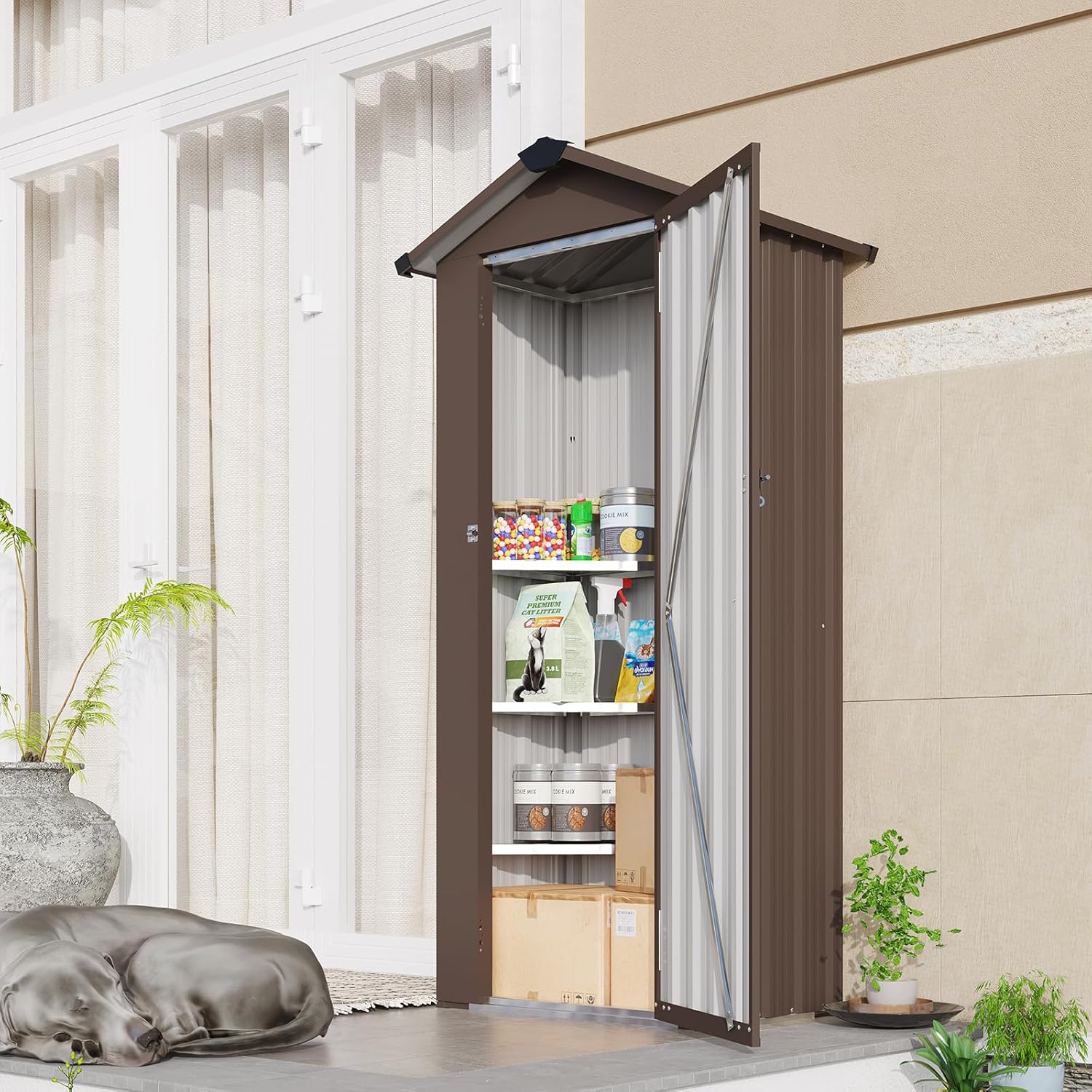 2.5 * 1.4FT Outdoor Storage Shed, Galvanized Iron, Waterproof Design, Garden Tool Shed Equipped with a Strong Locking System, Easy to Assemble and Move Brown