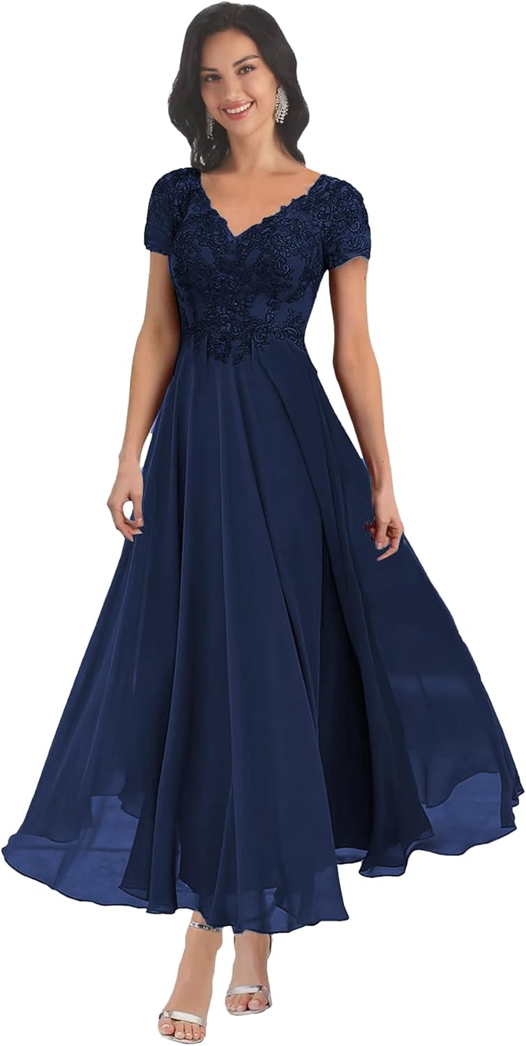 BANTRATIC Mother of The Bride Dresses for Wedding Lace Appliques V Neck Short Sleeve Corset Chiffon Back Bridesmaid Dress