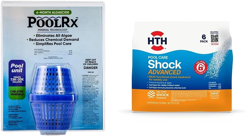Pool RX 101001 6 Month Algaecide Blue Treats 7.5k-20k gallons + HTH 52036 Swimming Pool Care Shock Advanced, Swimming Pool Chemical, Cal Hypo Formula, (6 pack)