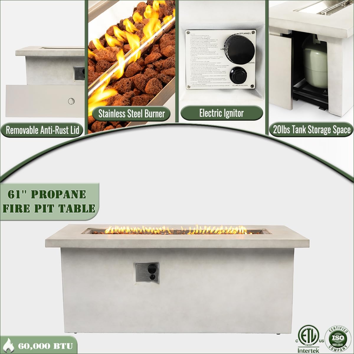 60-inch Outdoor Propane Gas Firepit Table 60000 BTU.Concrete Rectangular Fire Pit for Outdoor Patio,Gardens, Backyards.Removable Lid Outdoor Coffee Table, BBQs Table, Storage Cabinet-Light Grey