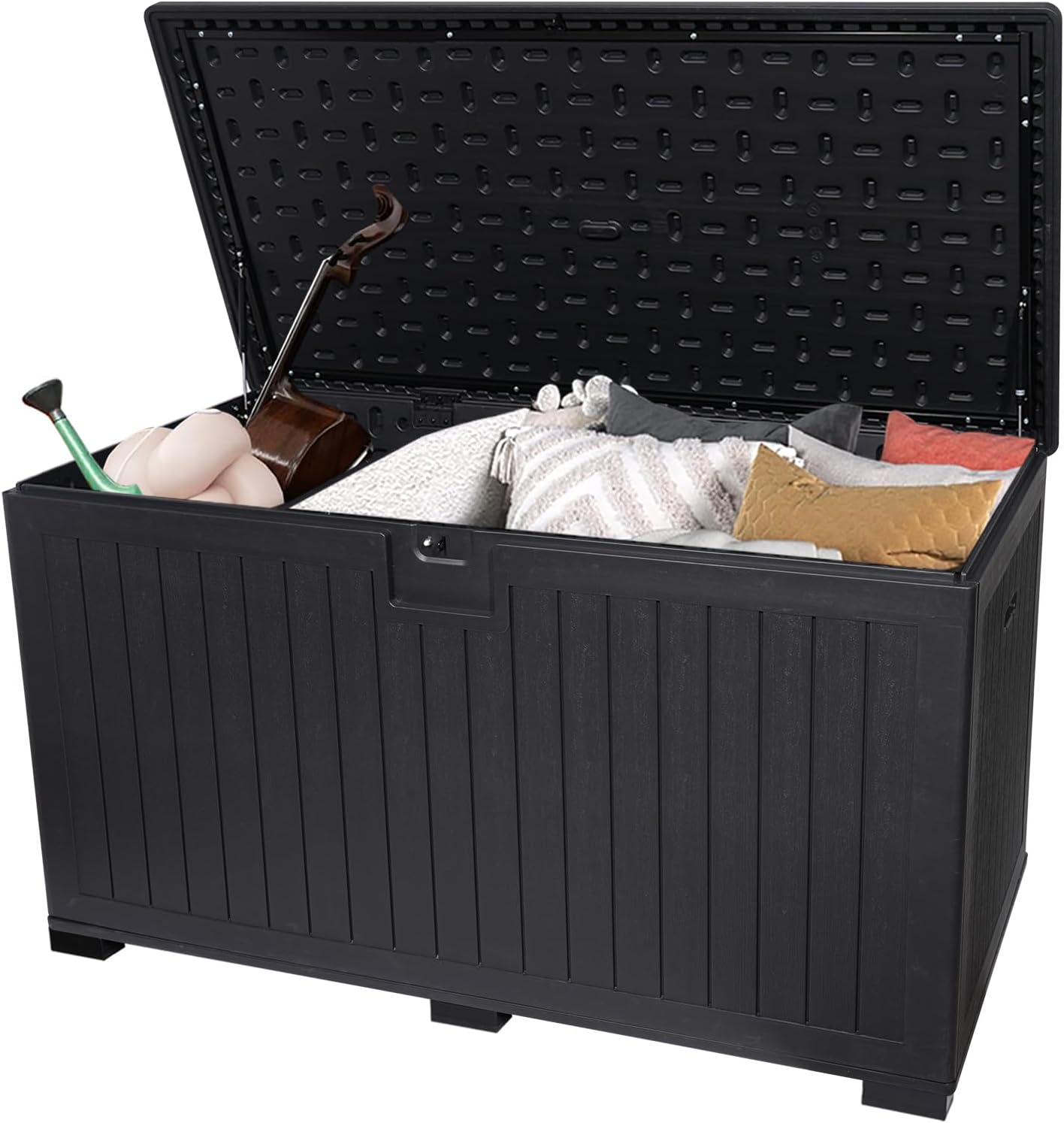 LANTRO JS 320 Gallon Deck Box Waterproof, Resin Outdoor Storage Box Extra Large Lockable with Divider and Lifter Prevent Water Seeping into from Floor for Patio Cushions