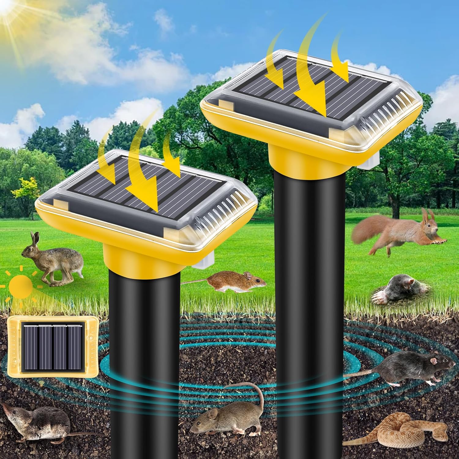 Mole Repellent Outdoor, 2024 Upgrade Solar-Powered Gopher Mole Repellent for Lawn Yard and Garden, Waterproof Mole Killer Traps, Effectively Repels Mole Snake Vole Groundhog