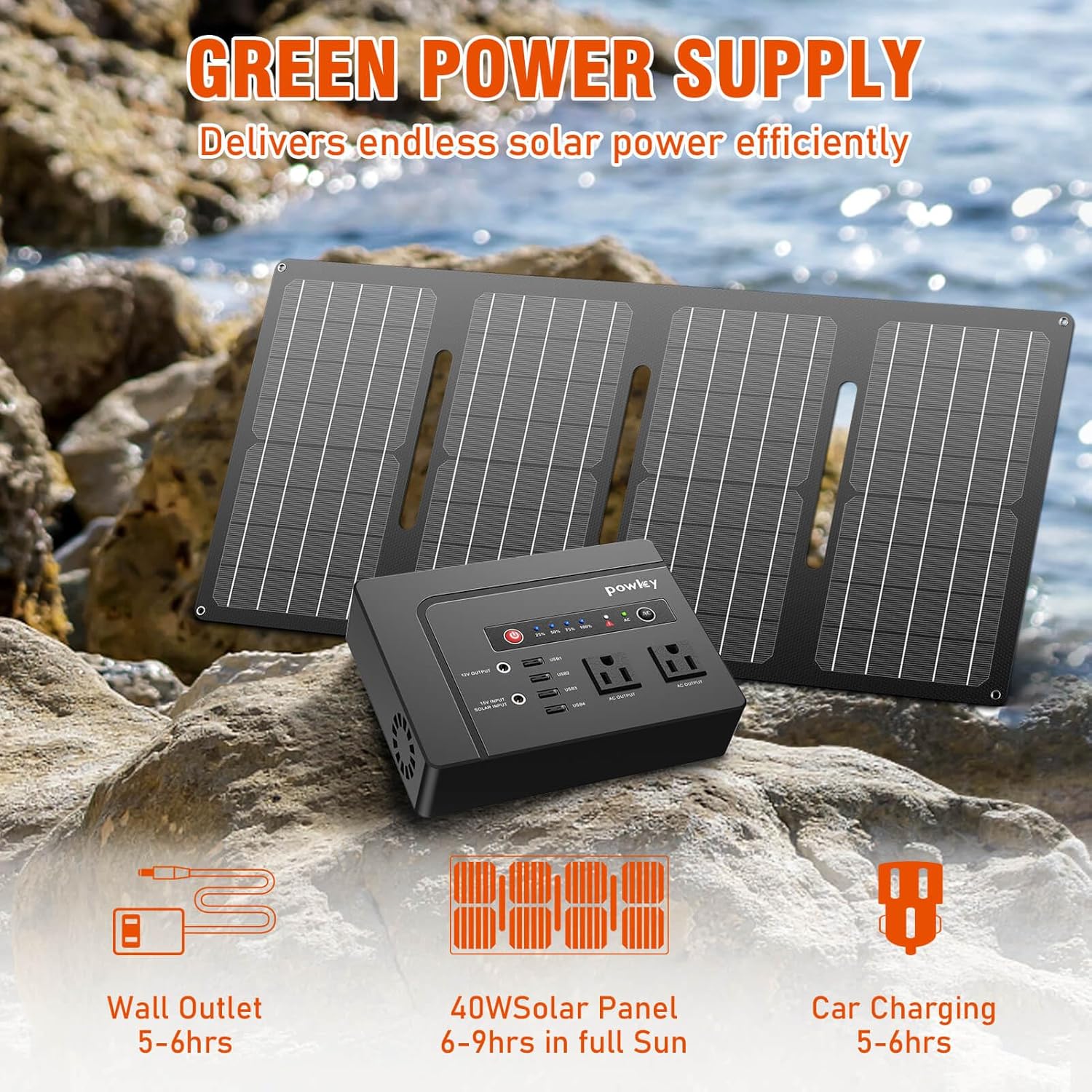 powkey 200W Portable Power Station with Solar Panel 40W, 146Wh Power Bank with AC Outlet, High Eifficiency Waterproof Solar Panel Kit with Battery Bank for Outdoor Camping Home Backup
