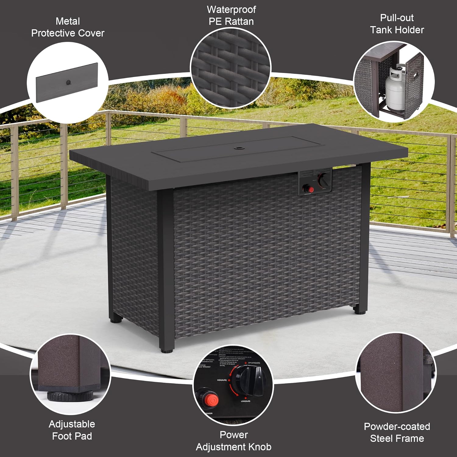 42” Fire Pit Table 50,000 BTU Propane Pit Metal Tabletop Auto-Ignition Gas Fire Pit for Outside Outdoor Rattan Rectangular Fire Pit Garden Patio