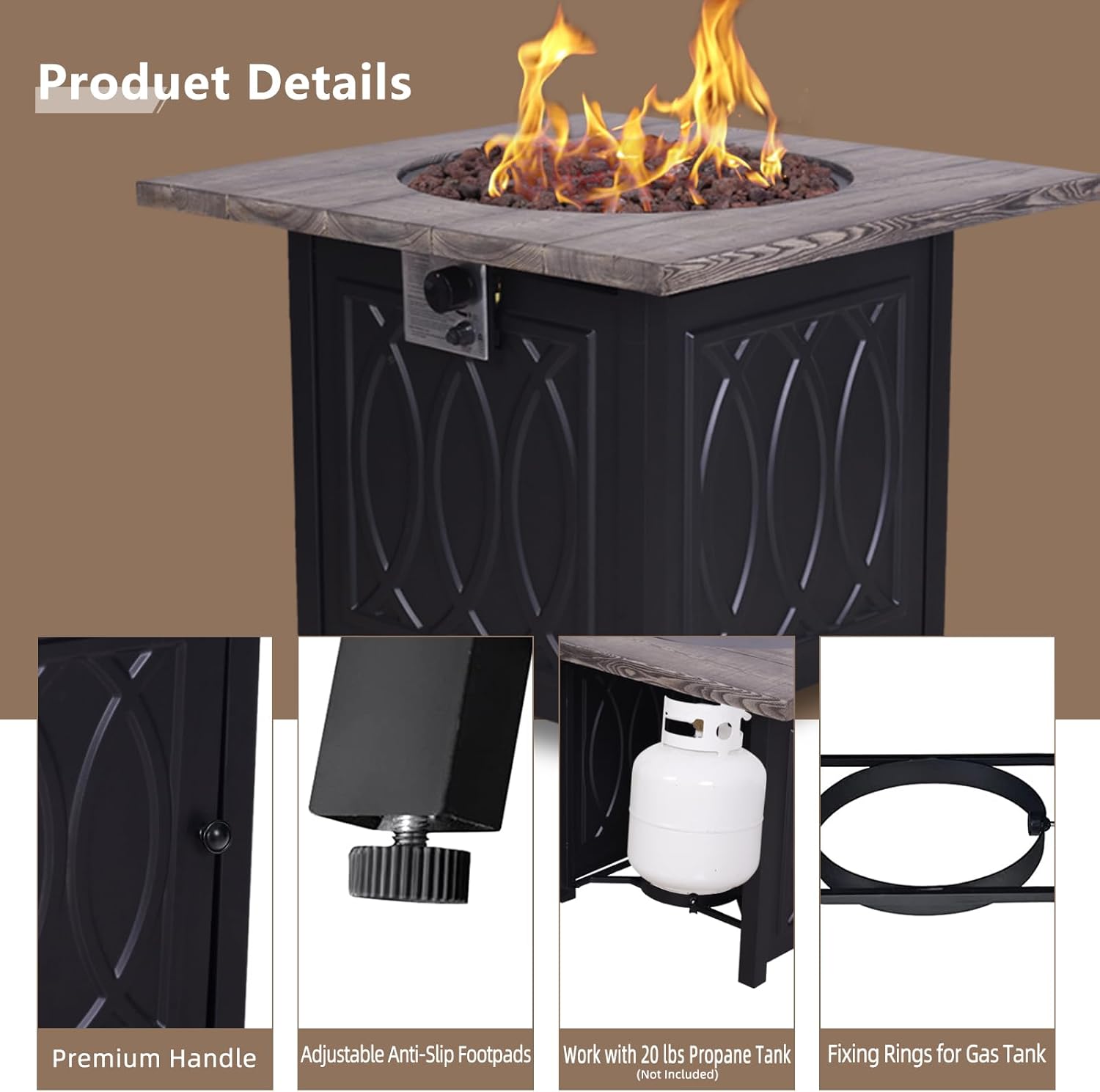 Faux Woodgrain Table top and Steel Base Propane Outdoor Fire Pit Table with Lid