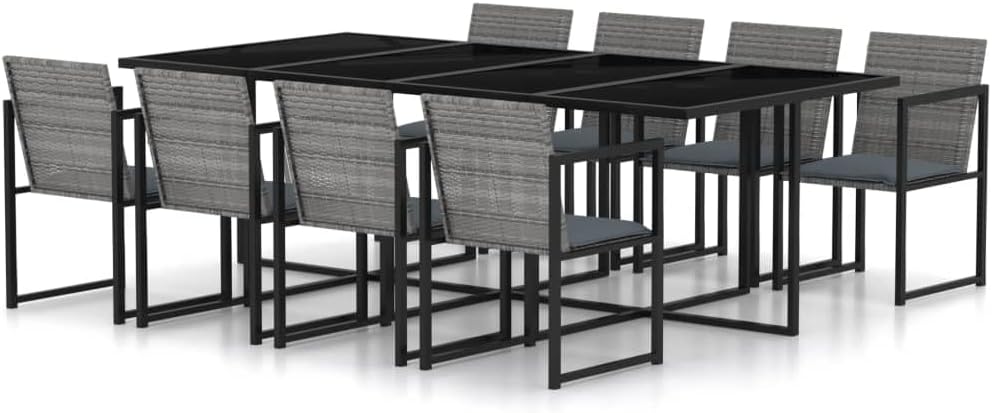 Furniture Sets 9 Piece Patio Dining Set with Cushions Poly Rattan Gray,Stylish Outdoor Dining Set with Glass Top Table and Washable Cushions for Patio and Garden Garden Conversation Sets