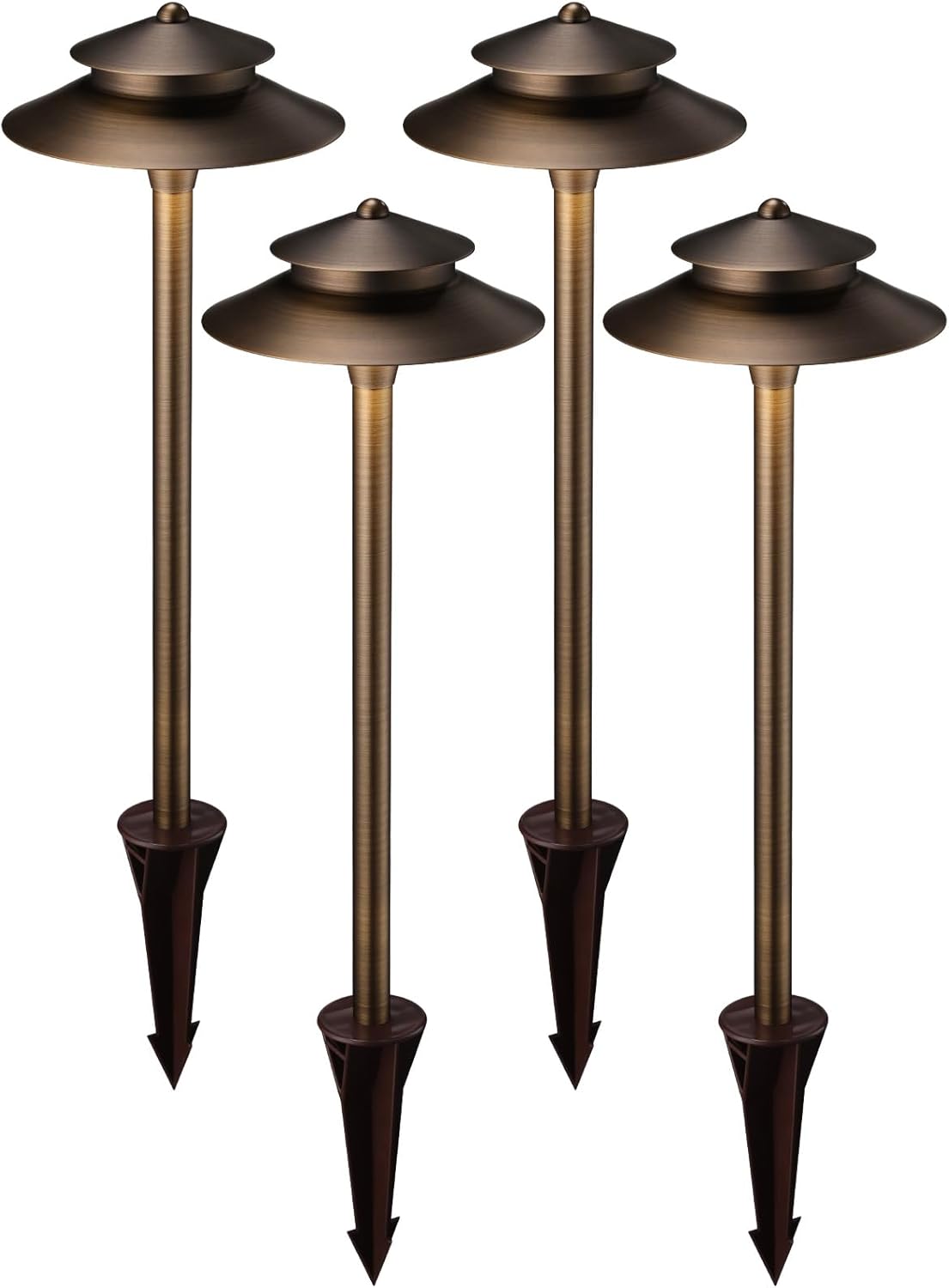 LEONLITE Stratum 12V Cast Brass 2-Tier Path Light, for Low Voltage Landscape Lighting on Pathway, Garden, Work with G4 Bulb, (Not Included), IP65, 22.44'' Tall, 8.27'' Shade, Bronze, Pack of 4