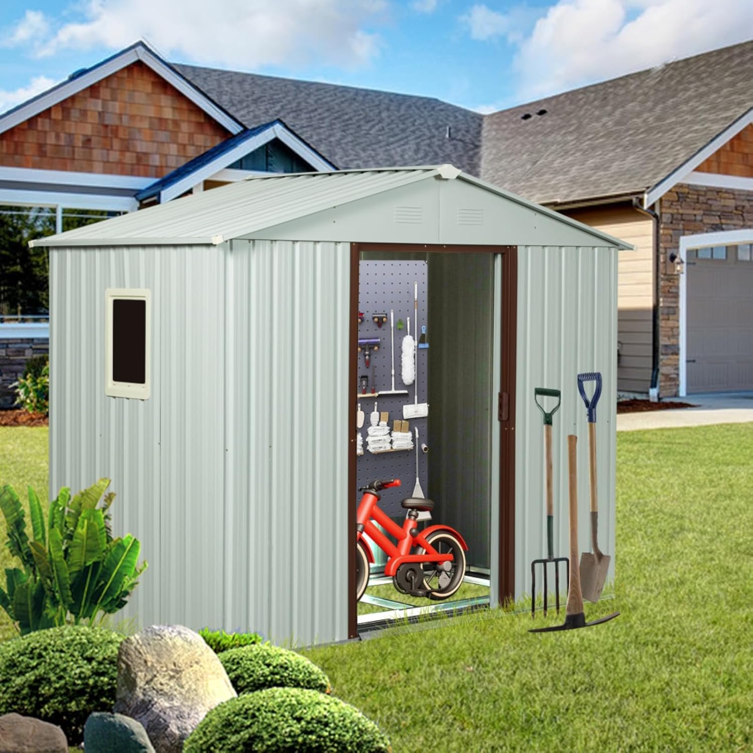 6FT x 5FT Outdoor Metal Storage Shed with Window and Metal Foundation for Backyard & Garden Tools, Lawn, Patio, Garden Tool House with Double Sliding Doors, White
