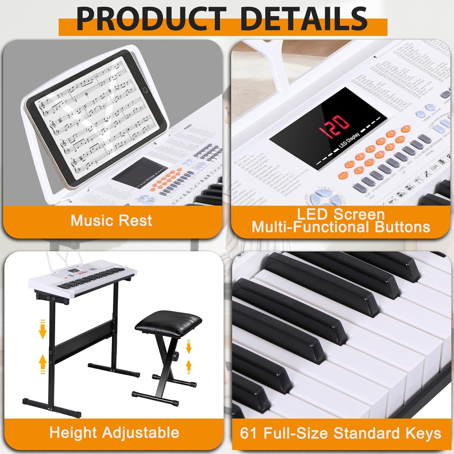 61 Keys Electronic Keyboard Piano Complete LED Display Keyboard Kit with Stand Built-in Speakers Headphones Microphone Music Sheet Stand and Stool, White