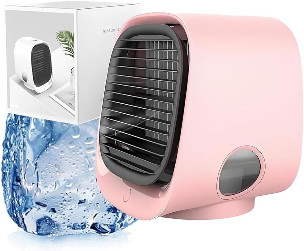 Portable Air Conditioner, Mini Air Cooler, 300 ML Water Tank, 8 Hours Of Use, with 3-Speed Cooling, Multi-angle Wind Adjustment, Built-In Night Light for Home, Office, Travel (Pink)