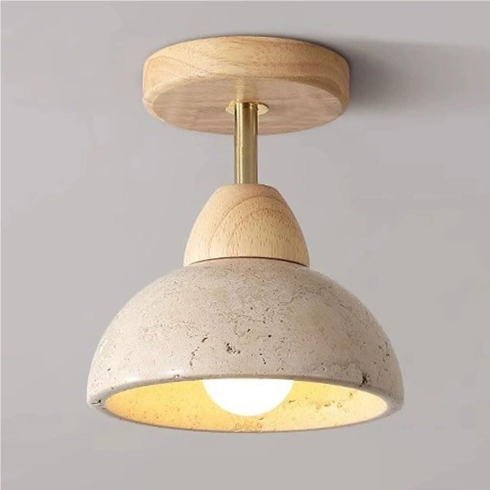 Japanese Style Minimalist Semi Flush Mount Ceiling Light Yellow Travertine Stone Ceiling Lamp Wood Shade Hallway Indoor Lighting Fixture for Bedroom Dining Living Room Kitchen(Natural)