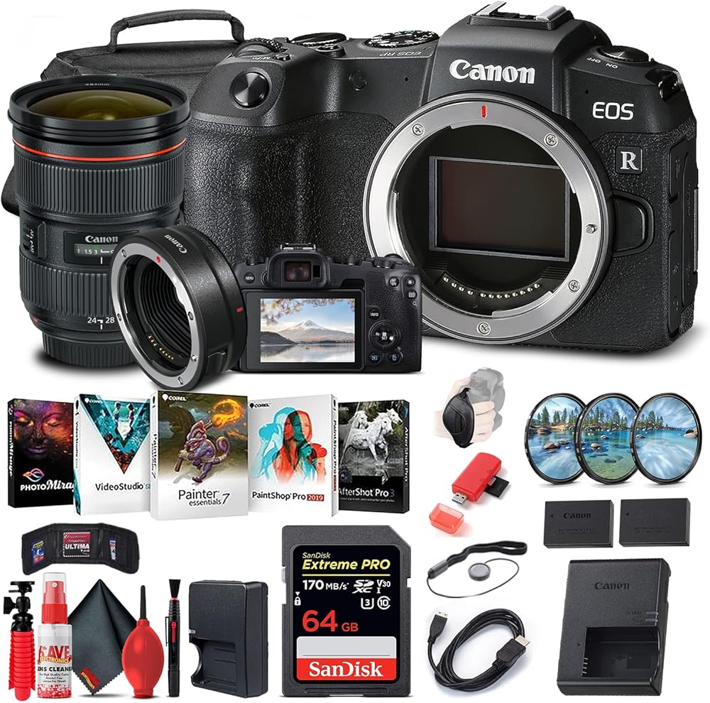 Canon EOS RP Mirrorless Digital Camera (Body Only) (3380C002) + Canon EF 24-70mm Lens + Mount Adapter EF-EOS R + 64GB Memory Card + Case + Filter Kit + Photo Software + LPE17 Battery + More (Renewed)