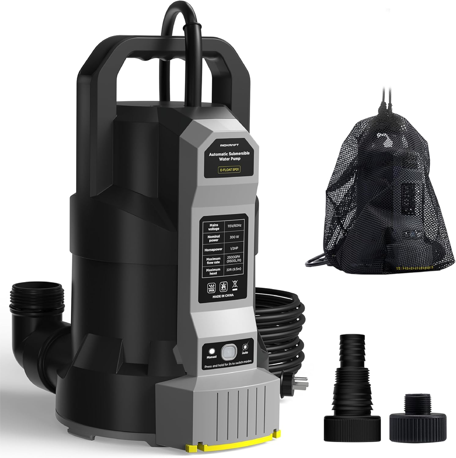 InoKraft E-Float Automatic Sump Pump 1/2HP, 2500 GPH Submersible Water Pump with Auto/Manual Mode, Mesh Bag, Universal Hose Adapters, Built-In 25FT Cord for Pool, Basement, and Outdoor Use