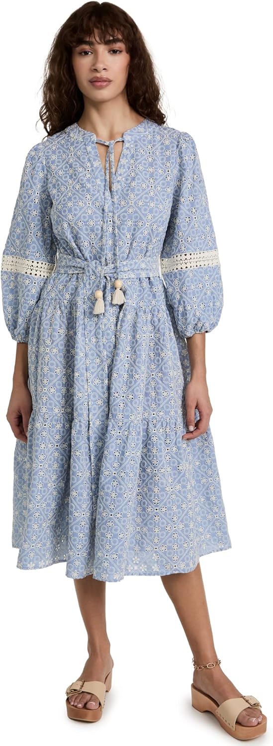Shoshanna Womens Embroidered Chambray Umbrella Midi Dress