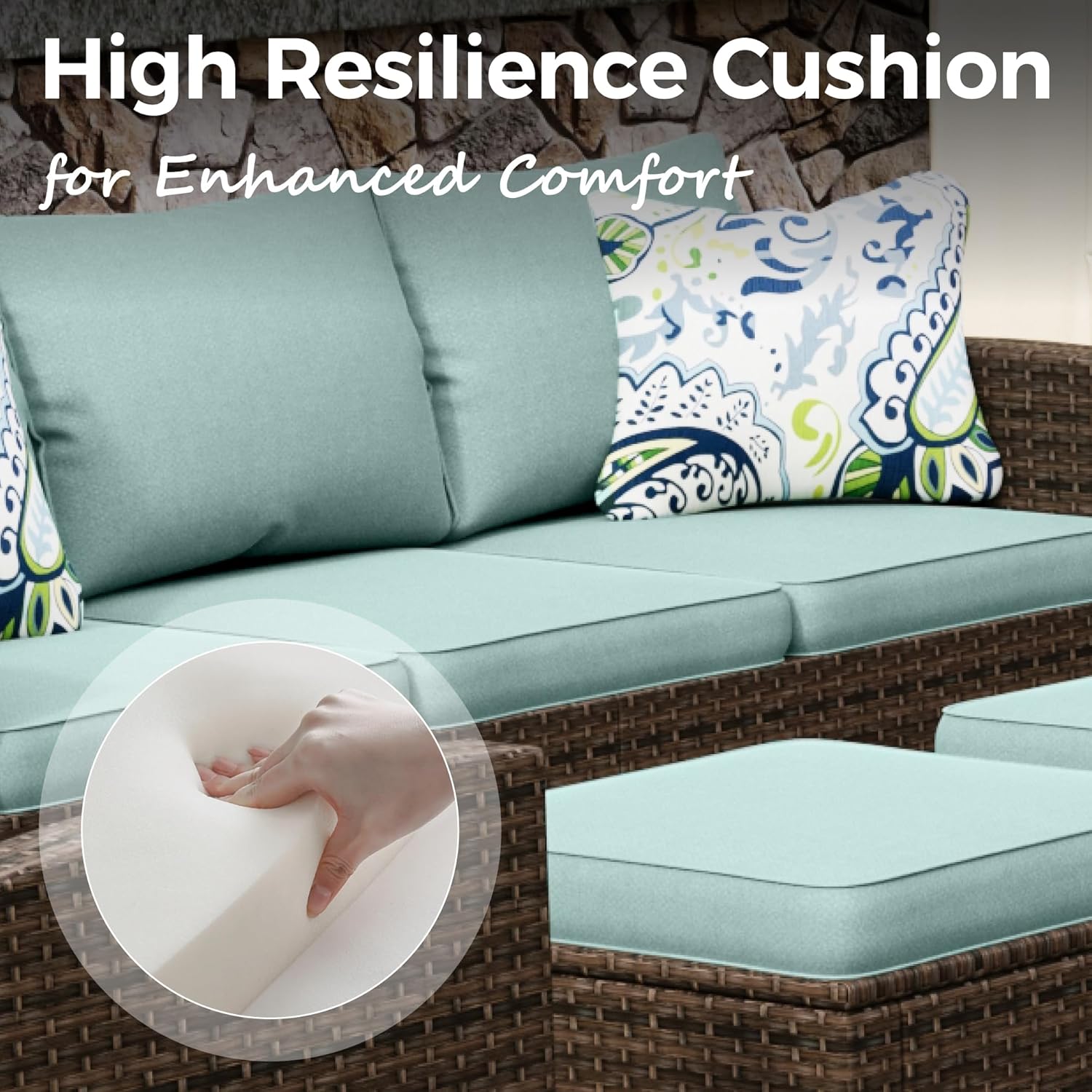 Patio Furniture Set, 6 Pcs Wicker Outdoor Conversation Set, 2 x Single Chairs, 1 x 3 Seater Sofa and 2 x Ottoman with 4