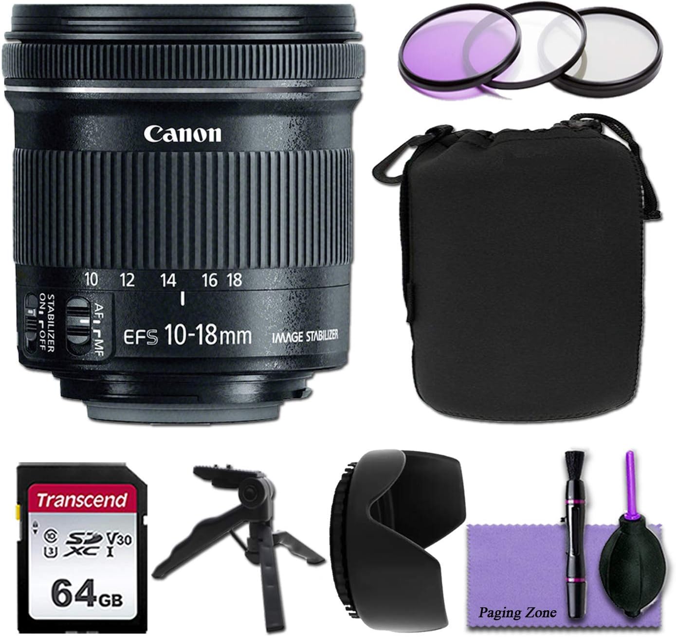 Canon EF-S 10-18mm f/4.5-5.6 is STM Wide Angle Lens w/Deluxe Photo Bundle - Includes : Commander Optics 67mm Filter Kit, 64GB Transcend Memory Card, Neoprene Lens Pouch and More (Renewed)