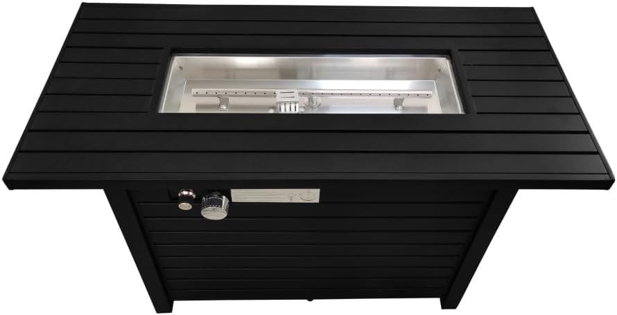 Modern Outdoor Propane Fire Pit Table with Lid 50000 BTU Stainless Steel Burner Black Steel Patio Heater