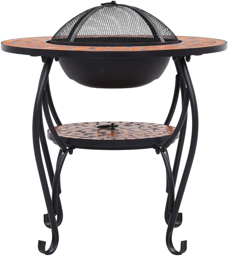 Mosaic Fire Pit Table 26.8 Inch Outdoor Ceramic Patio Heater with Mesh Cover and BBQ Grill for Garden Backyard Warm Decor Terracotta Steel