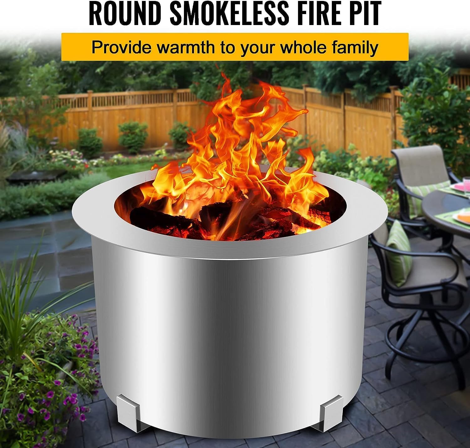 Smokeless Patio Fire Pit, Wood Burning Outdoor Fire Pit - Includes Wood Pack, Modern Design with Removable Ash Pan, 21.5-28.5 Inches, Black,Silver,21.5 Inch