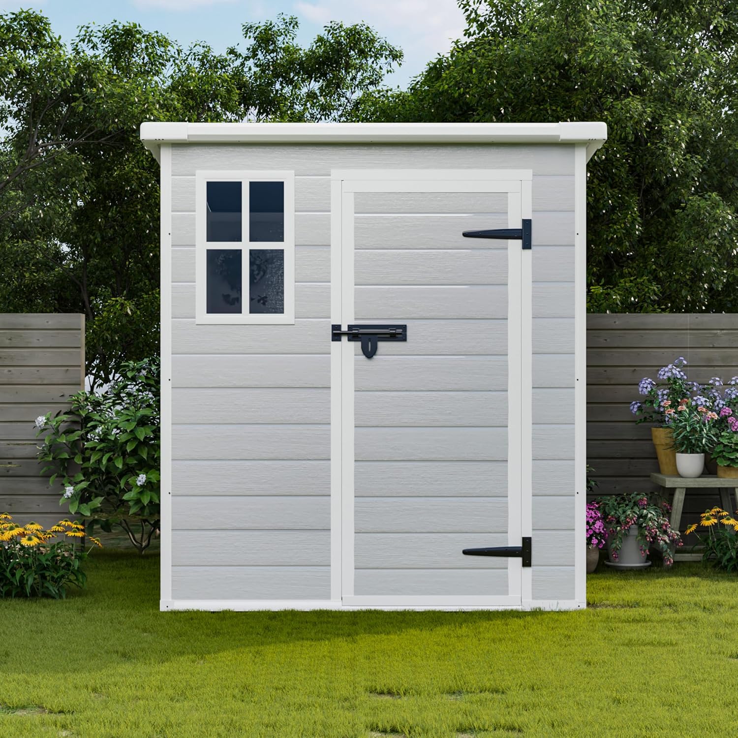 6x6 FT Storage Shed Garden House with Lockable Doors and Vents Waterproof Resin Outdoor Tool Cabinet W/Floor & Window,for Bicycles,Lawnmowers,Lawn,All Weather Use,Gray