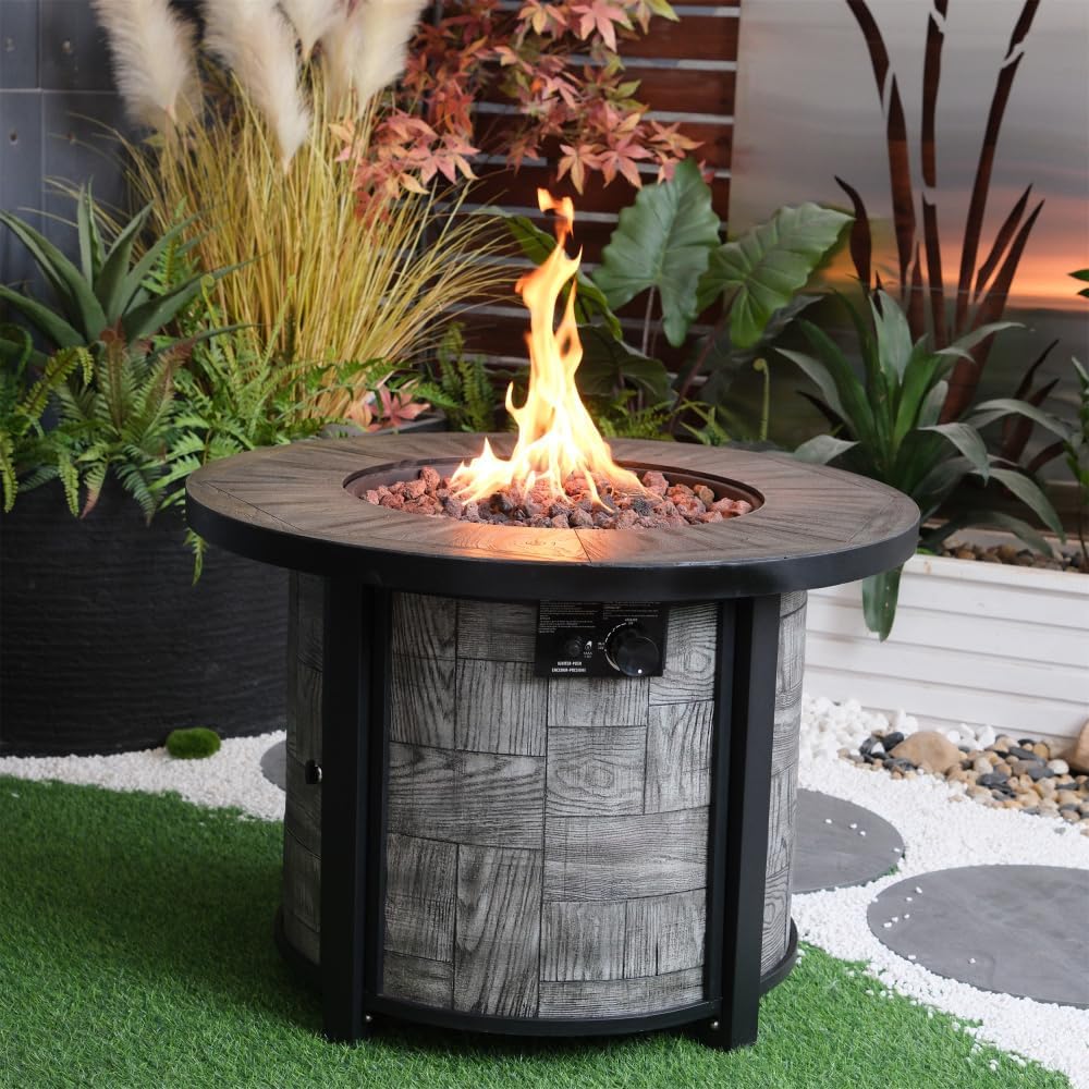 Outdoor Propane Fire Pit Table 50,000 BTU, 36-Inch Square Stonecrest Gas Fire Pit for Patio,Concrete Propane Fire Table with Lava Rocks,Waterproof Cover, Acacia Wood Look,Magnesium Oxide Construction