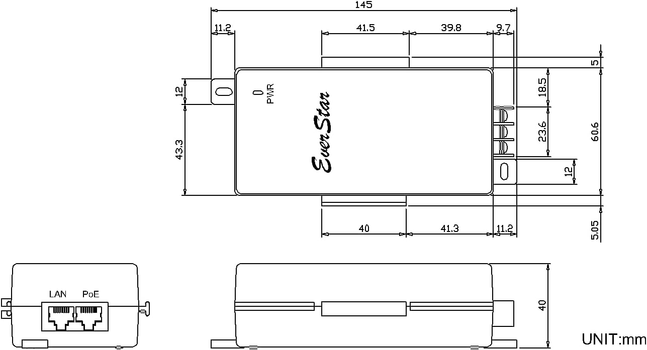 EverStar iPoE-65W55GDM Gigabit | 18-36V DC in | 55VDC/1.18A 65W PoE++ Out | DC-DC Converter + Passive Mode A&B Solar PoE++ Injector for AirFiber AF-24_24HD_5/5U_11FX, AXIS Cameras | Black
