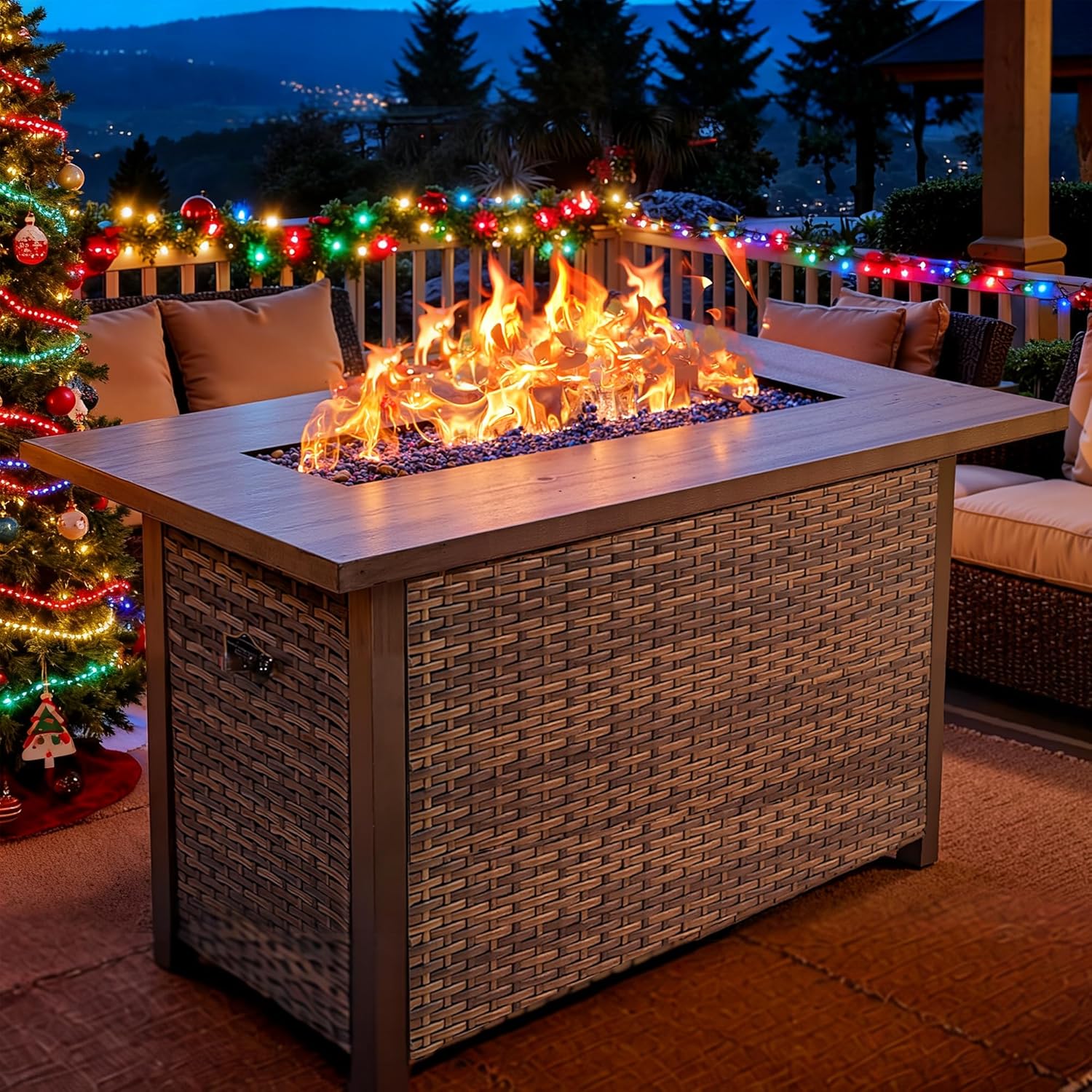 42 Inch Propane Fire Pit Table, 50,000 BTU Outdoor Gas Fire Pits with Removable Lid, 2 in 1 Rectangular Firepit Table for Outside Patio Deck and Garden