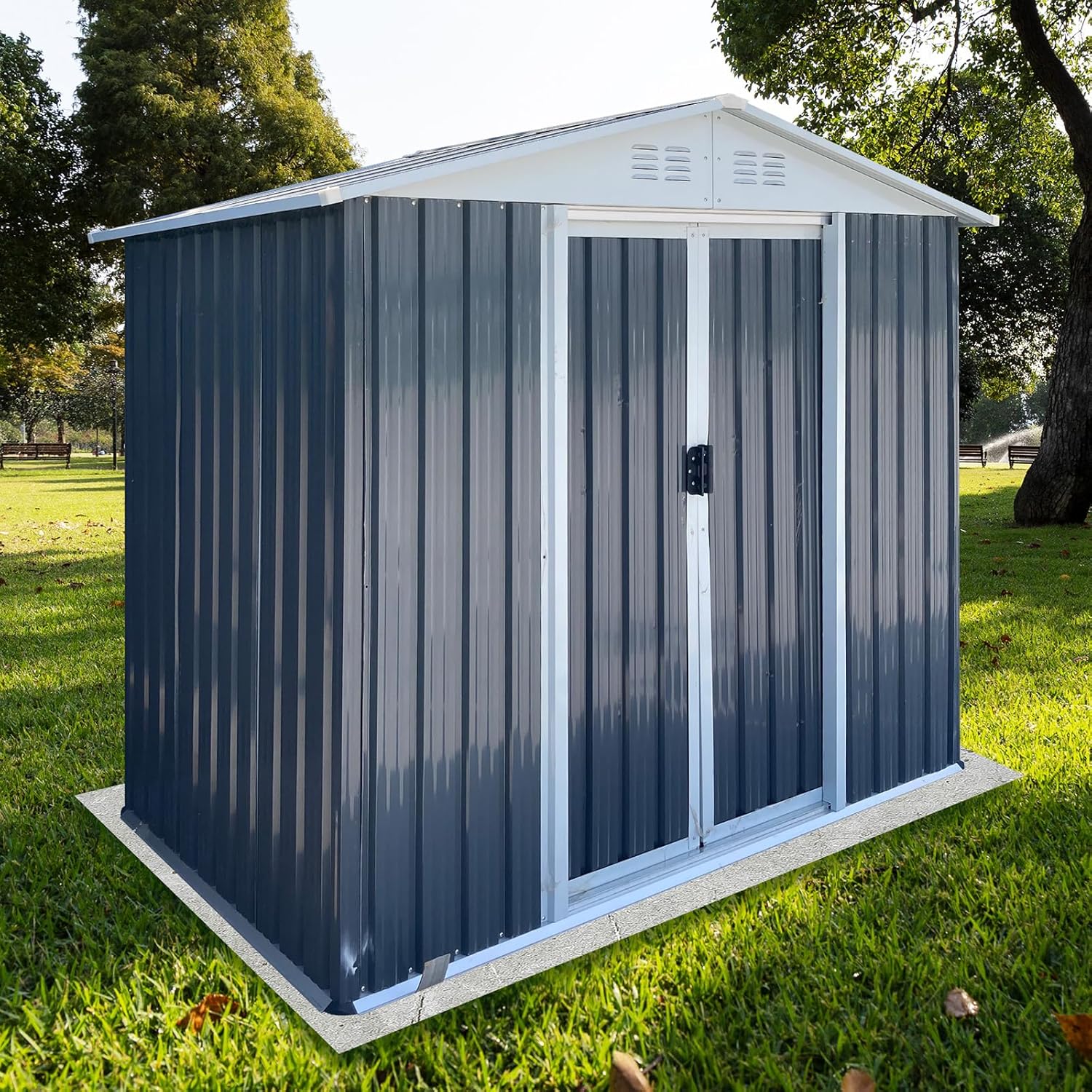6FTx4FT Outdoor Storage Shed, Utility Tool Shed with Door & Lock Metal Storage Garden Shed for Patio Storage (Grey+2, 6FTx4FT)