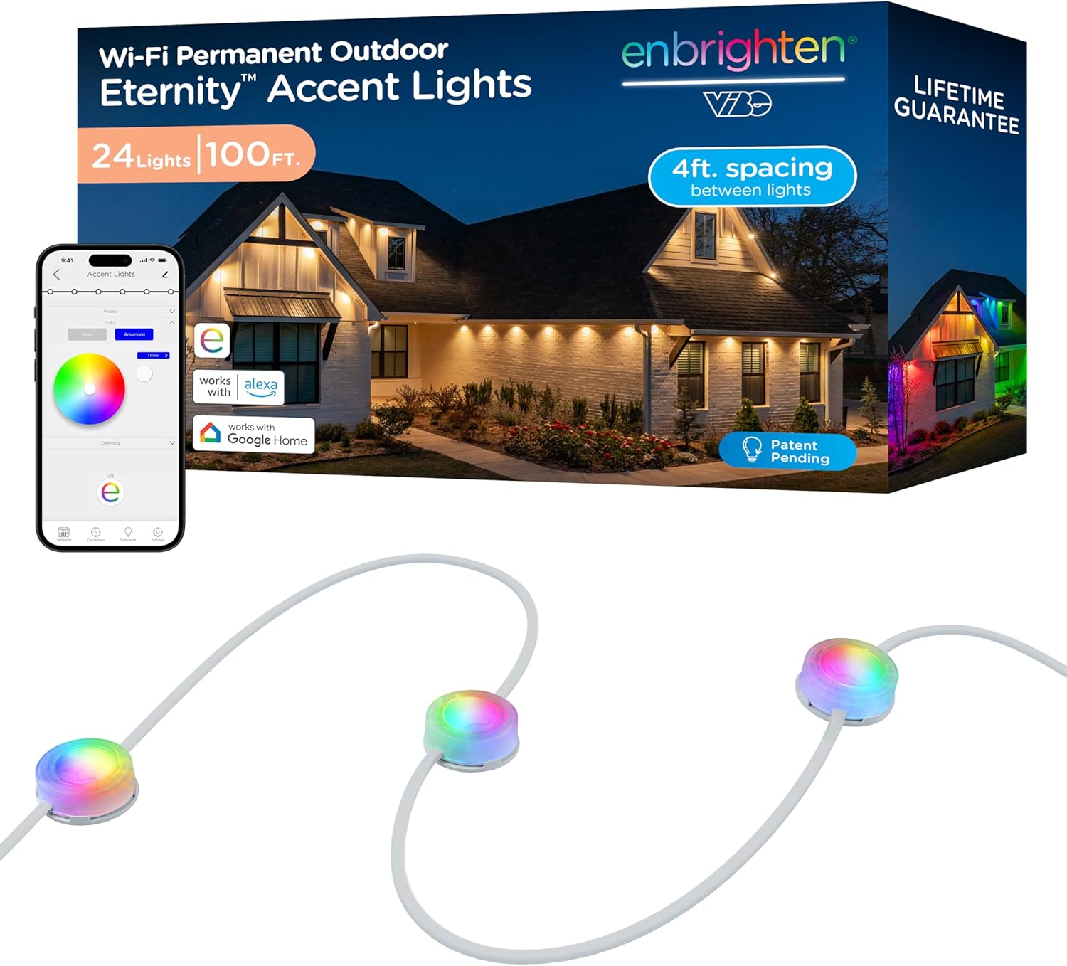 Enbrighten Vibe Eternity Accent Permanent Outdoor Lights for House, 100ft, 24 RGBWIC LEDs, Wide Spacing, 94lm, Tunable White, Everyday Eave Lighting, Smart App, Works with Alexa, Google Home, 85713