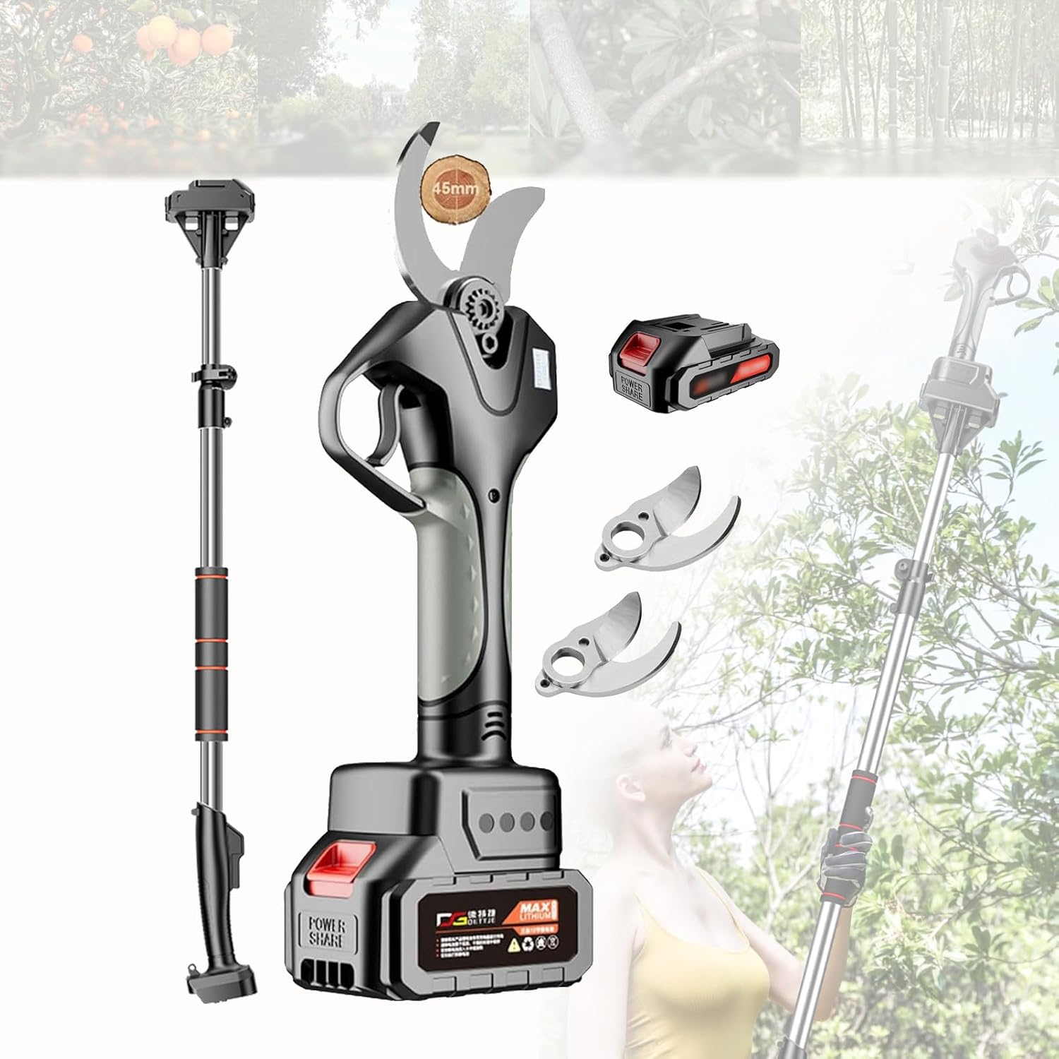 Electric Pruning Shears, 21V Cordless Pruning Shears, 45mm Electric Garden Secateur, Long Reach Pruner Branch Scissors with 2.1m Telescopic Pole Lcd Display Screen for Hedge, Bush, Orchard,1Battery