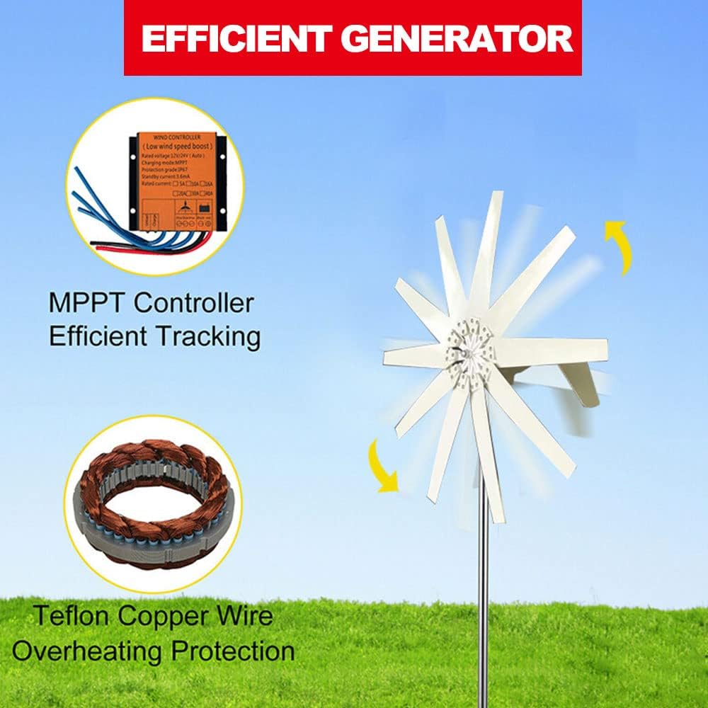 Low Noise Vertical Wind Turbine Windmill Generator, 3000-8000W 12V-220V Low Noise Speed Start with MPPT Charge Controller