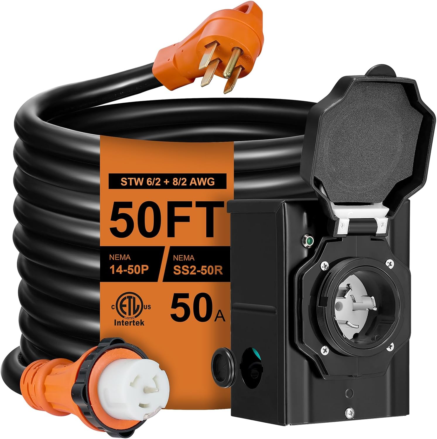 50FT 50 Amp Generator Cord with Pre-Drilled Power Inlet Box,Heavy Duty Generator Power Cord 4 Prong,125/250V,NEMA 14-50P Male to SS2-50R & CS6364,Waterproof,ETL Listed,Home/RV Power Supply