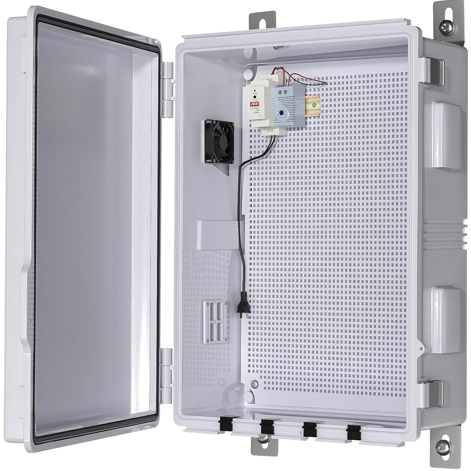 Outdoor Electrical Box with Thermostat and Fan, Ventilated Design, Cable Grommets, Indoor/Outdoor Use with Mounting Panel. (Grey Cover, 19.7