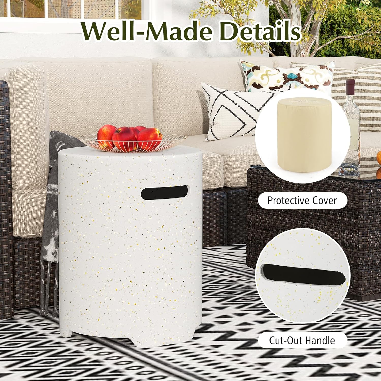 Tangkula Propane Tank Cover Table, 20 LB Propane Tank Storage Box, φ16 x 20.5 Inch Terrazzo Tank Hideaway Table with Side Handles and Protective Cover, Outdoor Side Table for Gas Fire Pit